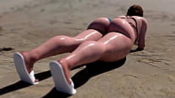 On the beach, Ellie BIG BOOTY is practicing planking.