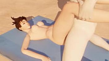 On the beach, Tracer from Overwatch is adored.
