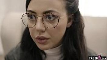 The social worker takes advantage of the nerdy adolescent wearing glasses.