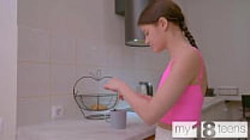 MY18TEENS: Sofa Weber, a slender brunette teen, adores her pussy with cream.