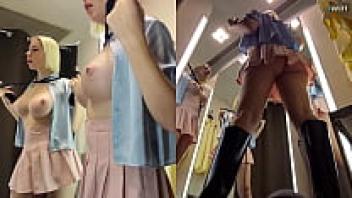 The dressing room has a hidden camera. View from the upskirt of a juicy PUSSy