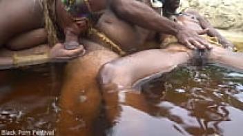 The son's village chief cock is being enjoyed by two African tribe hoes.