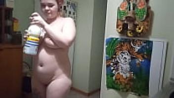 After drinking milk, the plump woman sucks a cock and consumes cum.