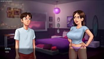 Stepsis Jenny was caught playing with her enormous breasts with another girl in the 3D porn game Summertime Saga.