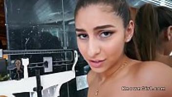 Latina girl with a natural busty gf, bangs, and large cock