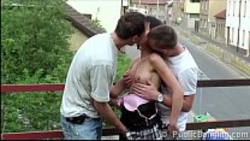 Public gang bang threesome sex orgy with a young, attractive, small girl