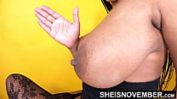 60 frames per second in 4K Sexy Young Busty Black Girl Sheisnovember's Biggest Rock Hard Nipples With Voluptuous Chesty Rack Squeezed While Undressing From A Thin Lace Lingerie Body Suit Standing Closeup of Ms. November Bouncing Her Saggy Big Tits Knockers